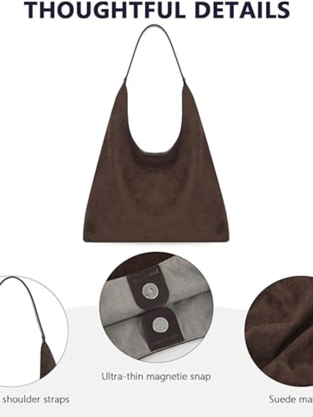Vintage Suede Slouchy Hobo Tote Bag Large Capacity Work Handbag Faux Suede - Picture 2 of 6